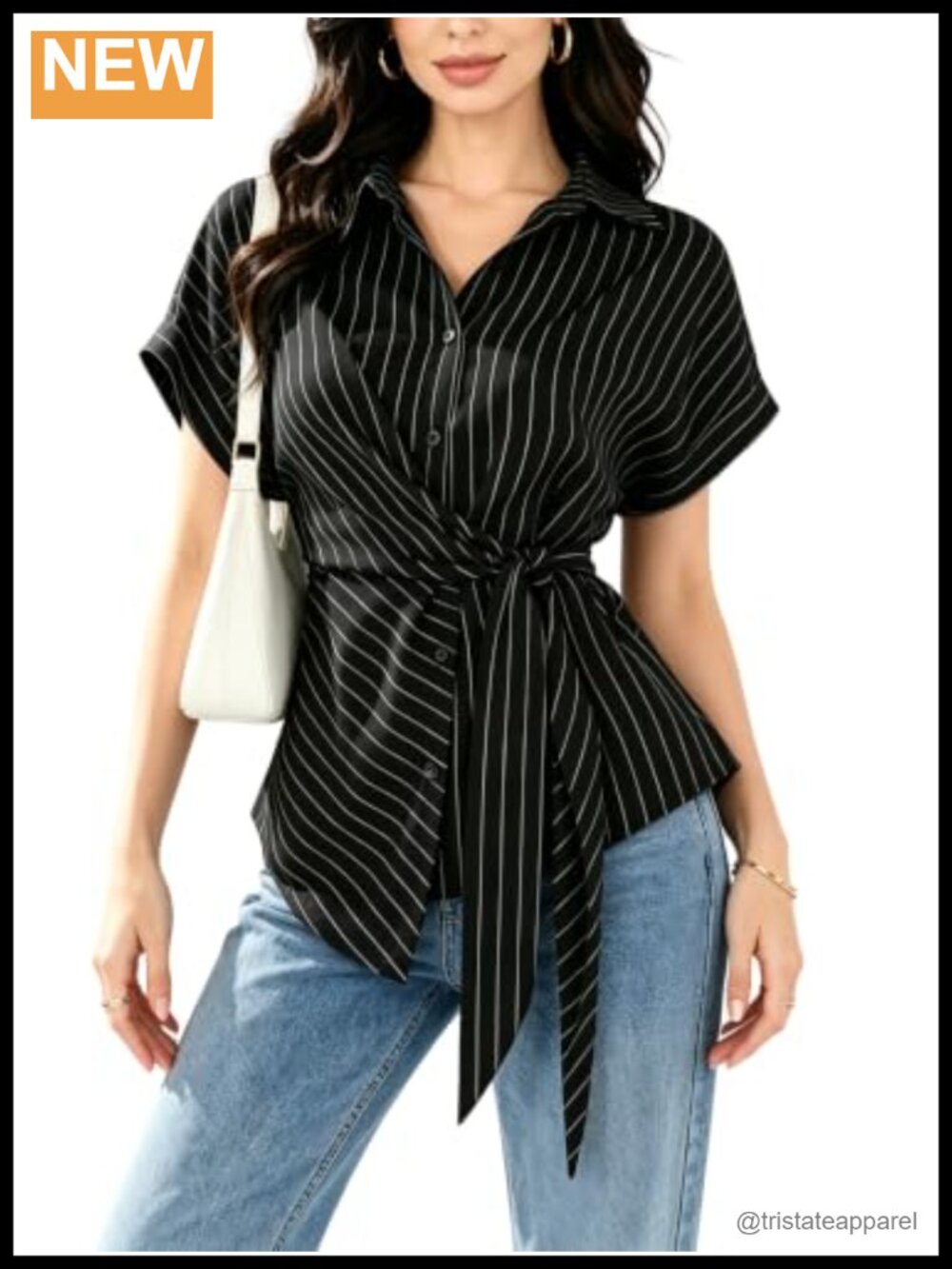 Women's Wrap Blouse Slim Fit Striped Short Sleeve Asymmetric Hem Office